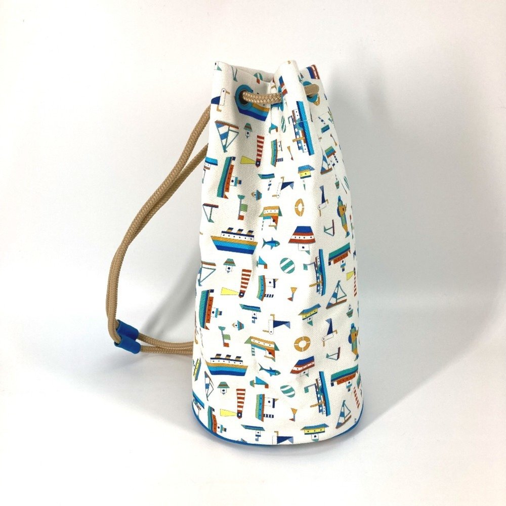 HERMES Marine Print Petit Chartier Drawstring Bag, Cotton Shoulder Kids, White - Picture 3 of 10